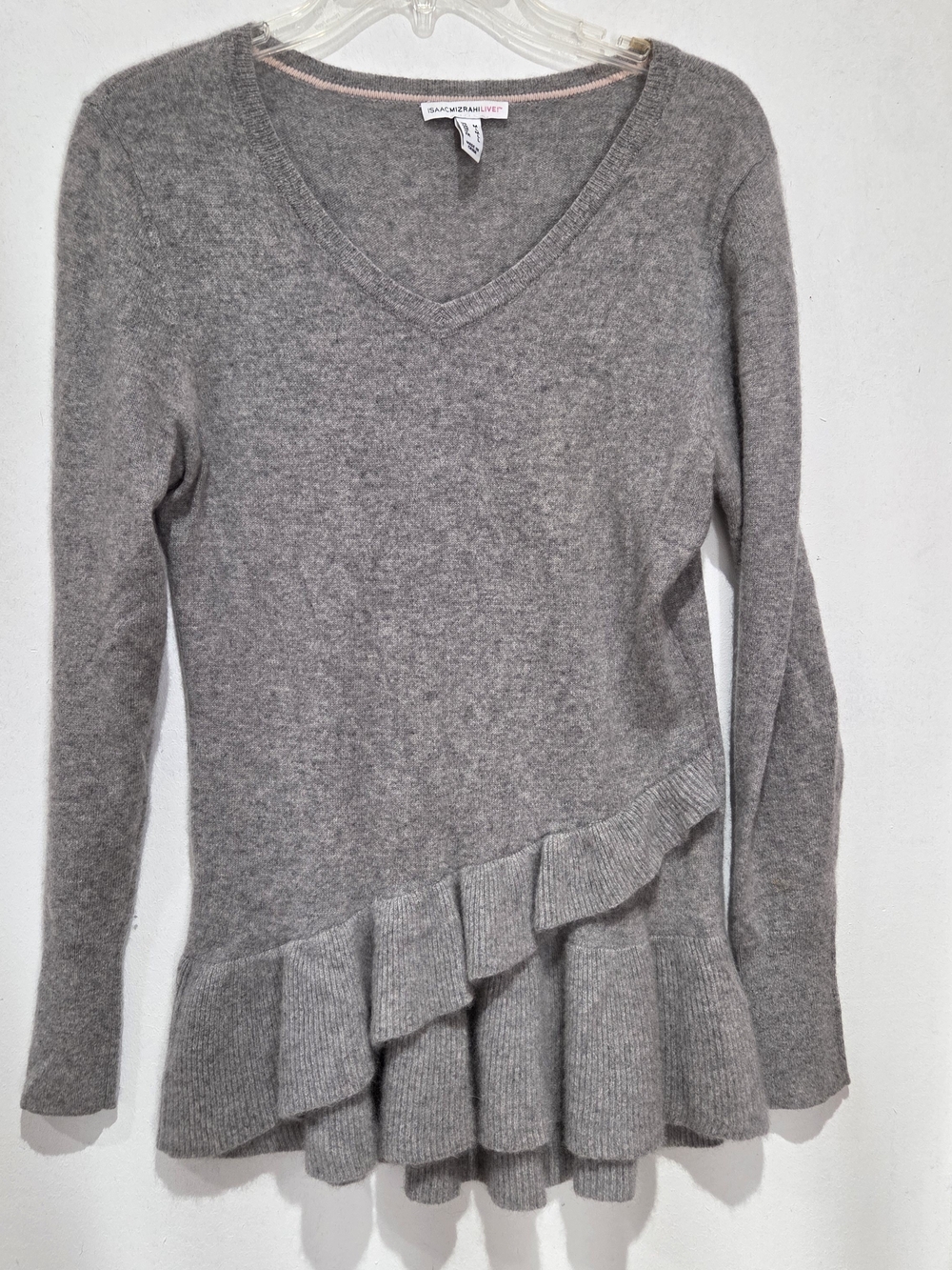 Isaac Mizrahi Gray V‑Neck Ruffle‑Hem Sweater